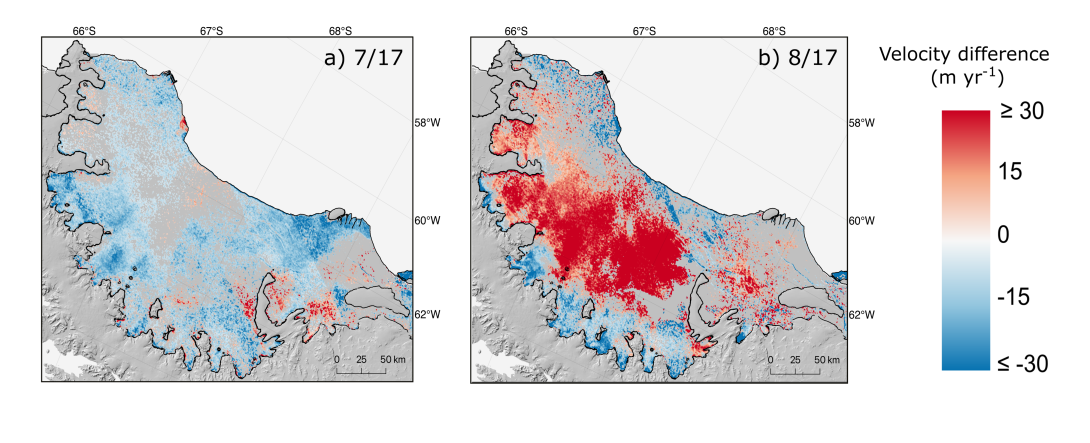 Two figures showing change in ice shelf velocity during a) July 2017 and b) August 2017, relative to the 6 months leading up to the breakaway of iceberg A-68. 