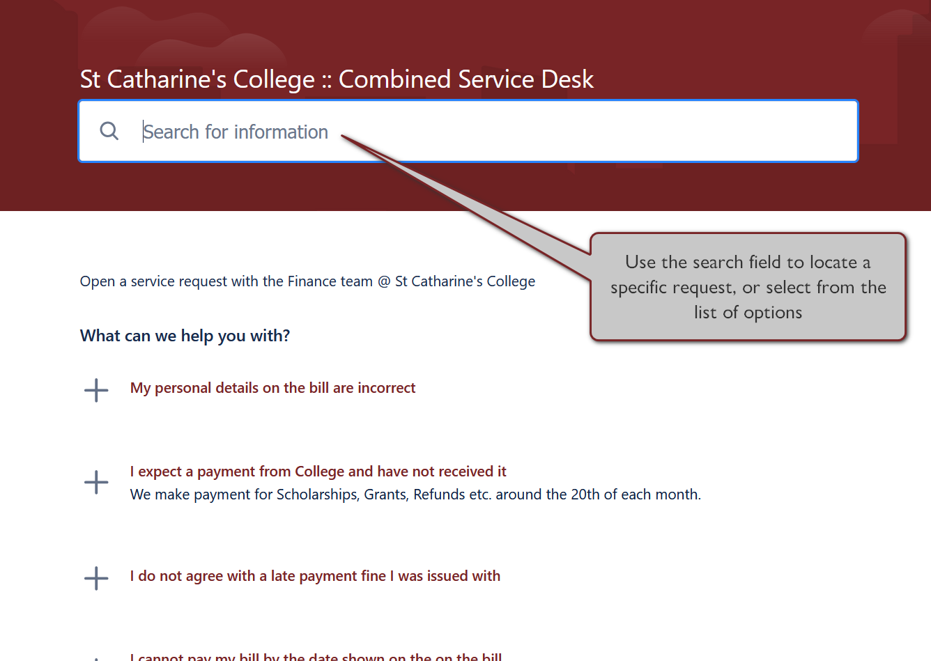 Screengrab of St Catharine's online support desk