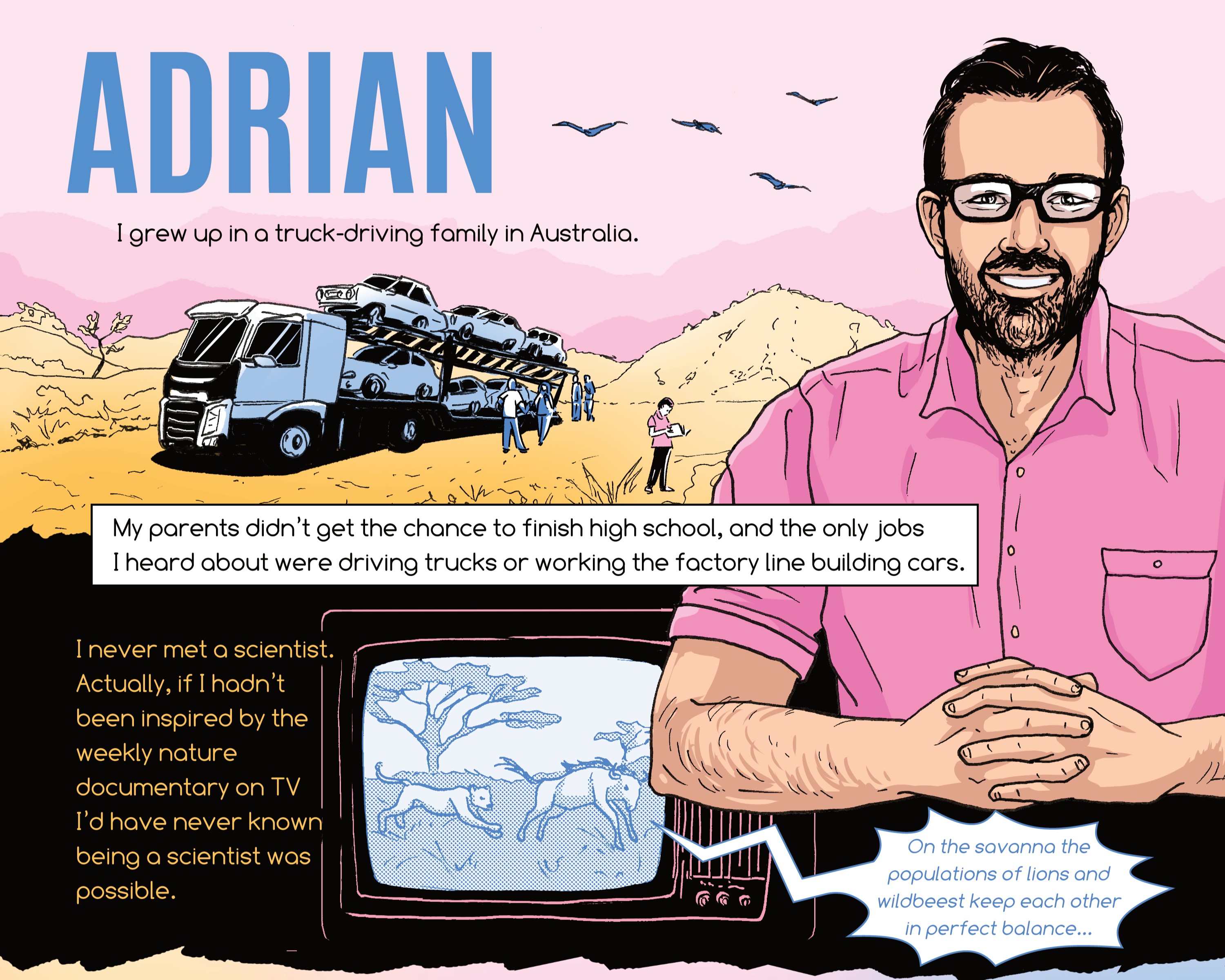 Detail about Prof. Adrian Liston's story from the Becoming a Scientist graphic novel