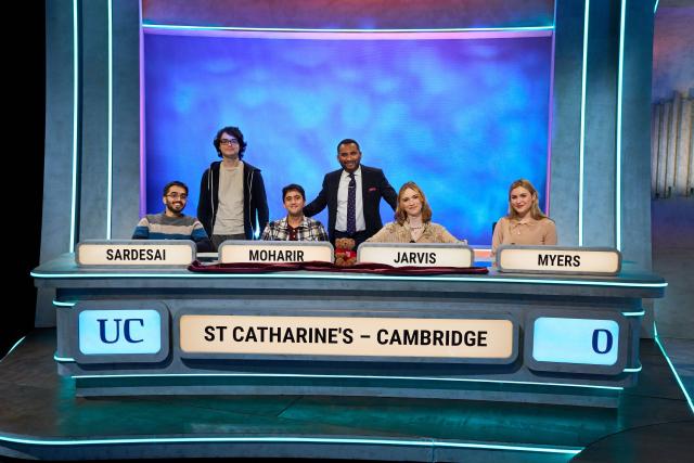 St Catharine's College University Challenge team with reserve player and Amol Rajan