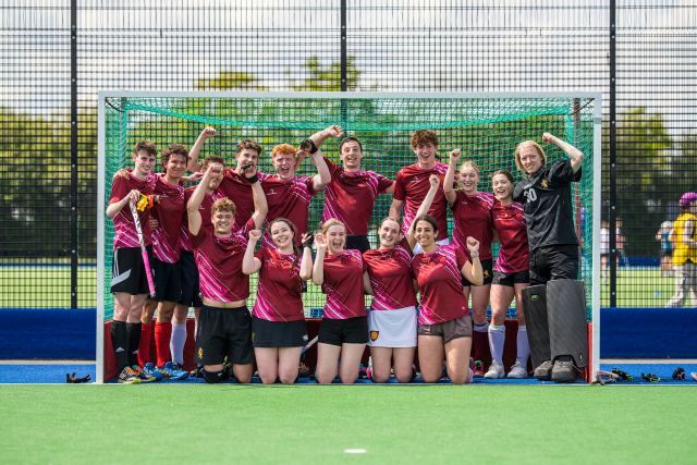 The St Catharine's-St Edmund's mixed hockey team celebrates winning the 2024 Cuppers competition