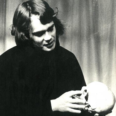 Actor with scull from a St Catharine's student performance of The Revenger's Tragedy in 1975